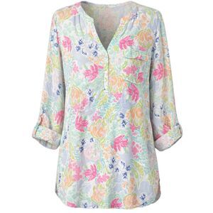 J.JILL NOTCH NECK PASTEL COLORED FLORAL PATTERNED COTTON BLOUSE SIZE LARGE TALL